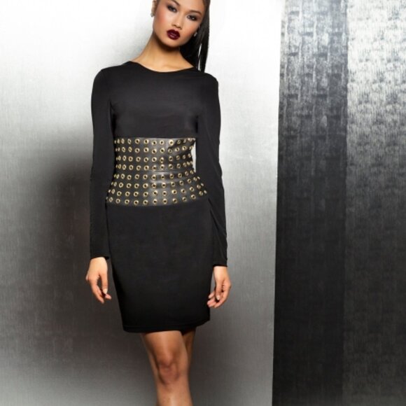 Jovani Faux Leather Long Sleeve Low Back Black Dress Size 10 Cocktail Mini Sexy - Picture 12 of 12